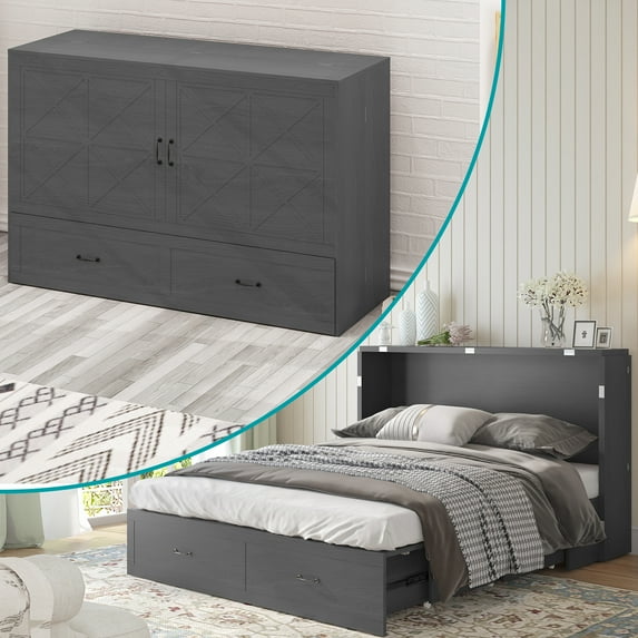 BALUS Queen Murphy Bed Cabinet, Modern Cabinet Chest Bed with Charging Station, Space-Saving Cube Murphy Bed with Folding Memory Foam Mattress & Large Storage Drawer for Bedroom(Stone Grey)