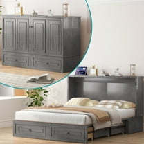 BALUS Queen Murphy Bed with Two Large Drawers and Charging Station, Solid Wood Convertible Cabinet Bed  Apartment/Bed Room, Gray