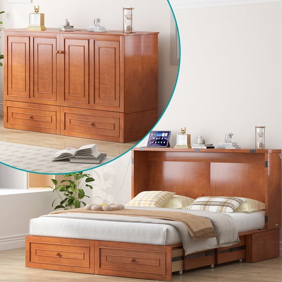 BALUS Queen Murphy Bed with Two Large Drawers and Charging Station, Solid Wood Convertible Cabinet Bed  Apartment/Bed Room, Red