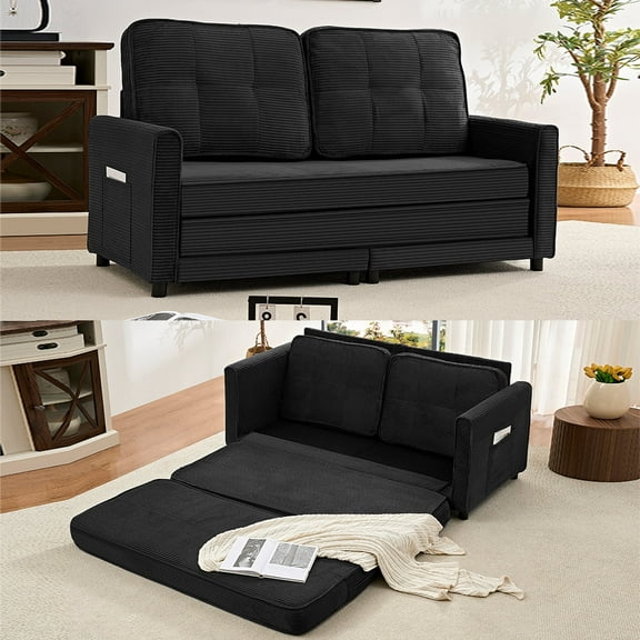 BALUS Queen Size Loveseat Sleeper Sofa, Convertible Futon Sofa with Pull out Bed and Fold out mattress, Corduroy , Black