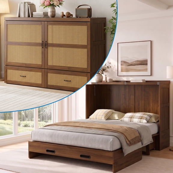 Mjkone Murphy Bed Queen with Rattan Panel,Murphy Cabinet Bed with Charging Station,Multifunctional Storage Cabinet Beds for Small Space,Walnut