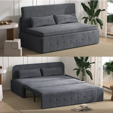 MUZZ Queen Size Pull Out Sofa Bed, 3-in-1 Convertible Loveseat Sleeper Sofa with 2 Pillows and Foldable Mattress for Living Room, Dark Grey