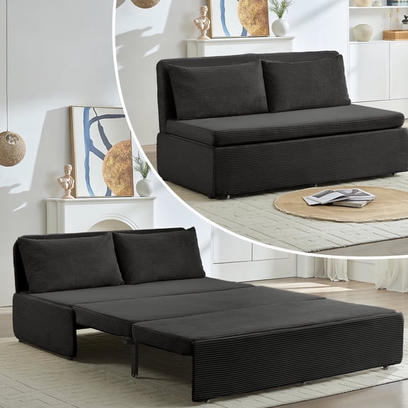 BALUS Corduroy Queen Size Pull Out Sofa Bed Include 2-Pillows, 64" Convertible Loveseat Sleeper Sofa with Pillows and Foldable Mattress, Dark Grey