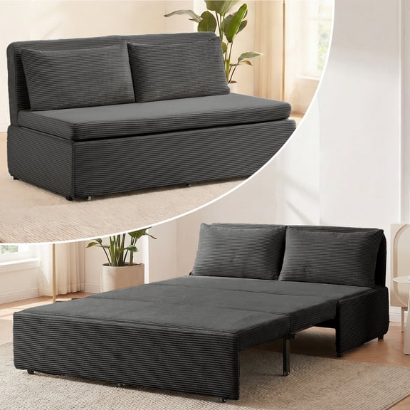 BALUS Corduroy Queen Size Pull Out Sofa Bed Include 2-Pillows, 64" Convertible Loveseat Sleeper Sofa with Pillows and Foldable Mattress, Dark Grey