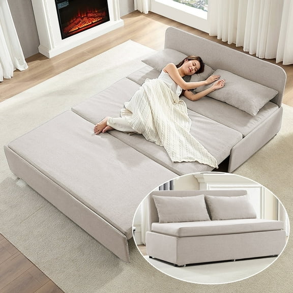 BALUS 62 " Linen Queen Size Pull Out Sofa Bed Include 2-Pillows , Convertible Loveseat Sleeper Sofa with Pillows and Foldable Mattress, Biege