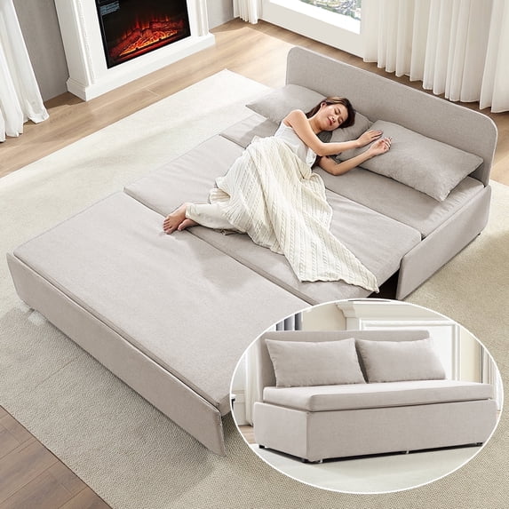 BALUS 62 " Linen Queen Size Pull Out Sofa Bed Include 2-Pillows , Convertible Loveseat Sleeper Sofa with Pillows and Foldable Mattress, Beige