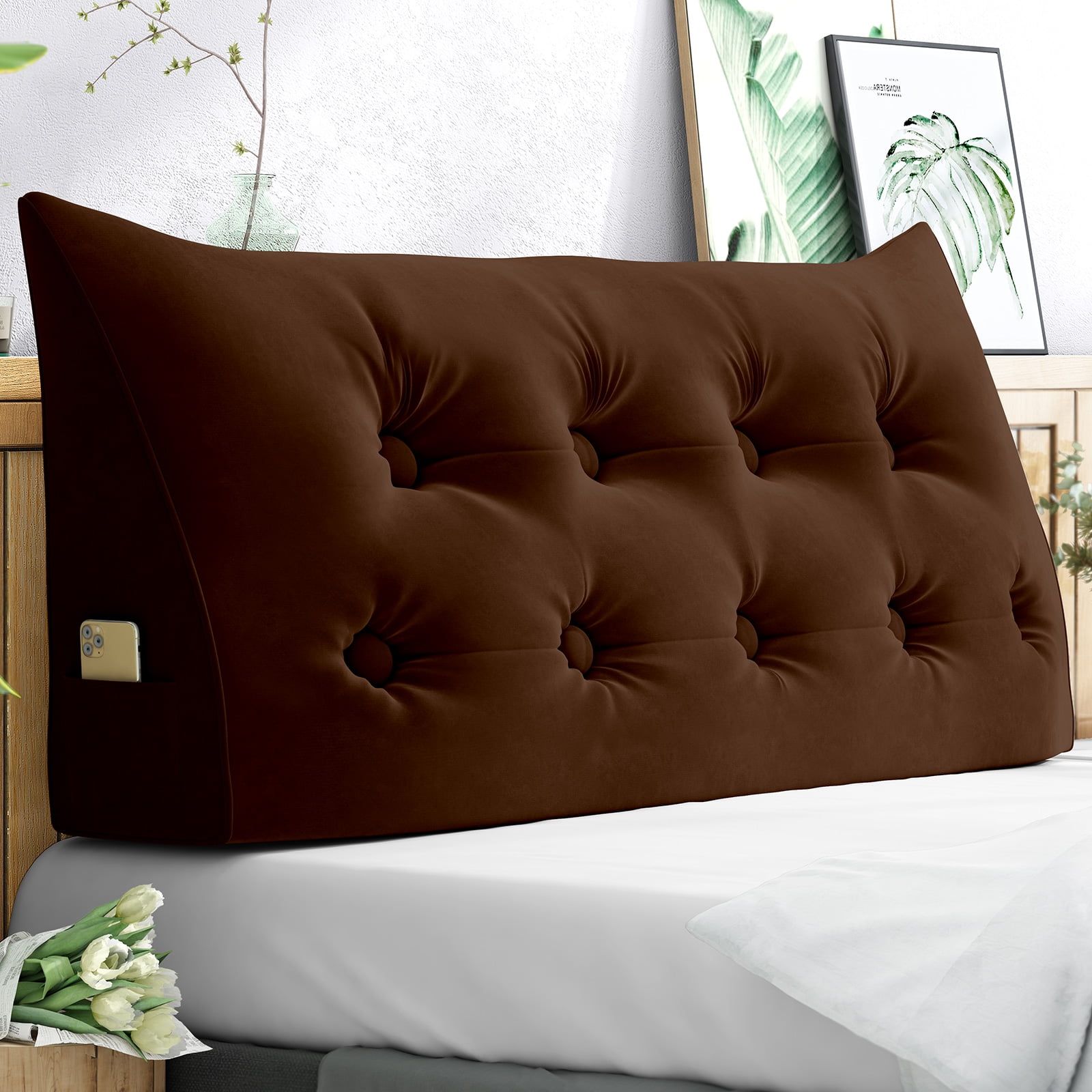 BALUS Velvet Reading Pillow Bed Wedge Headboard Back Support with Side Pockets Removable Cover Coffee Full Walmart