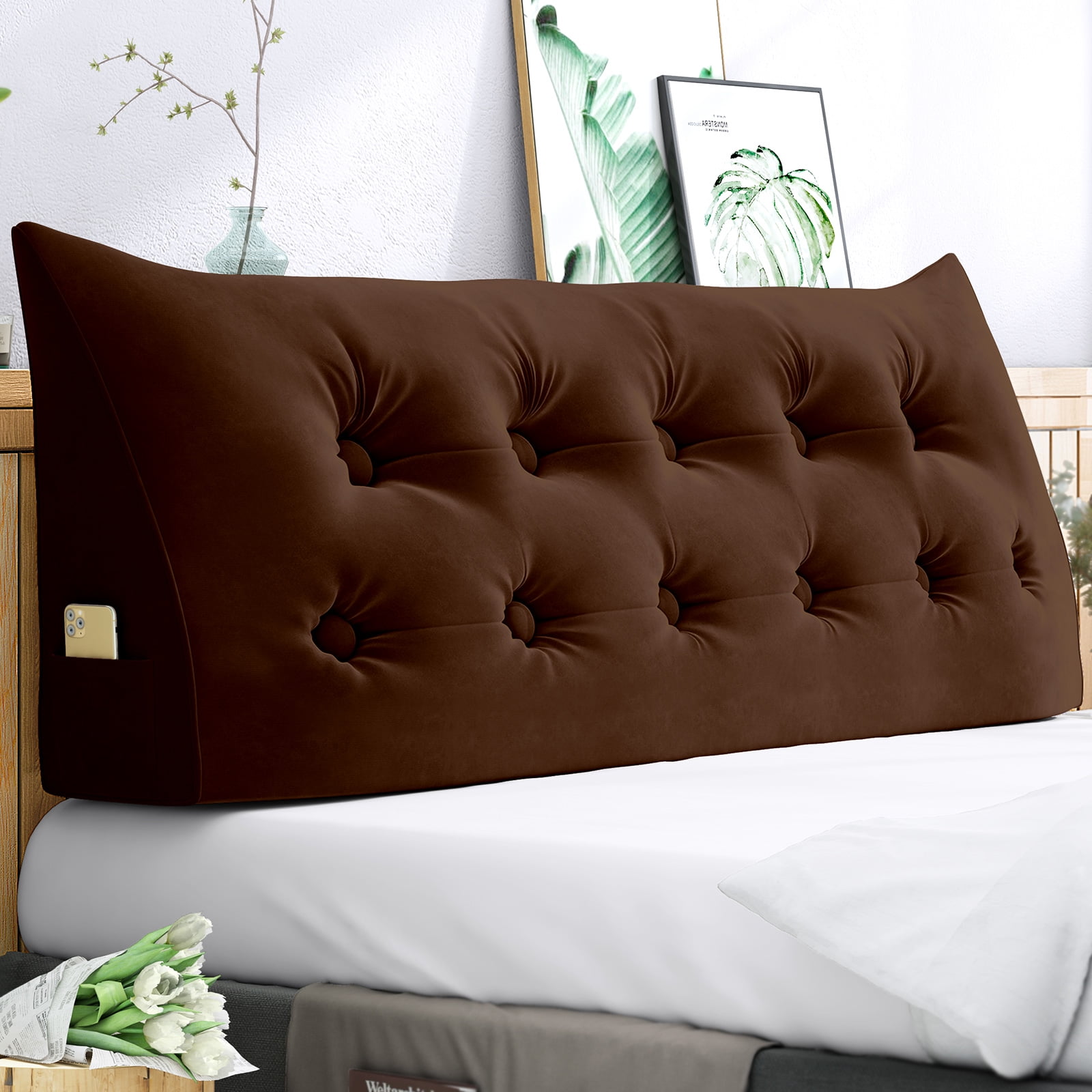 BALUS Reading Pillow Bed Wedge with Side Pockets, Velvet Bolster Pillow  Headboard, Bed Back Pillow with Removable Cover, Headboard Backrest Support  Cushion Use for Bed, Sofa (Coffee Queen) 