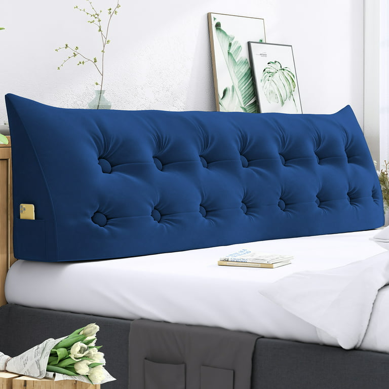BALUS Reading Pillow Bed Wedge with Side Pockets, Velvet Bolster Pillow  Headboard, Bed Back Pillow with Removable Cover, Headboard Backrest Support  Cushion Use for Bed, Sofa (Navy Blue King) 