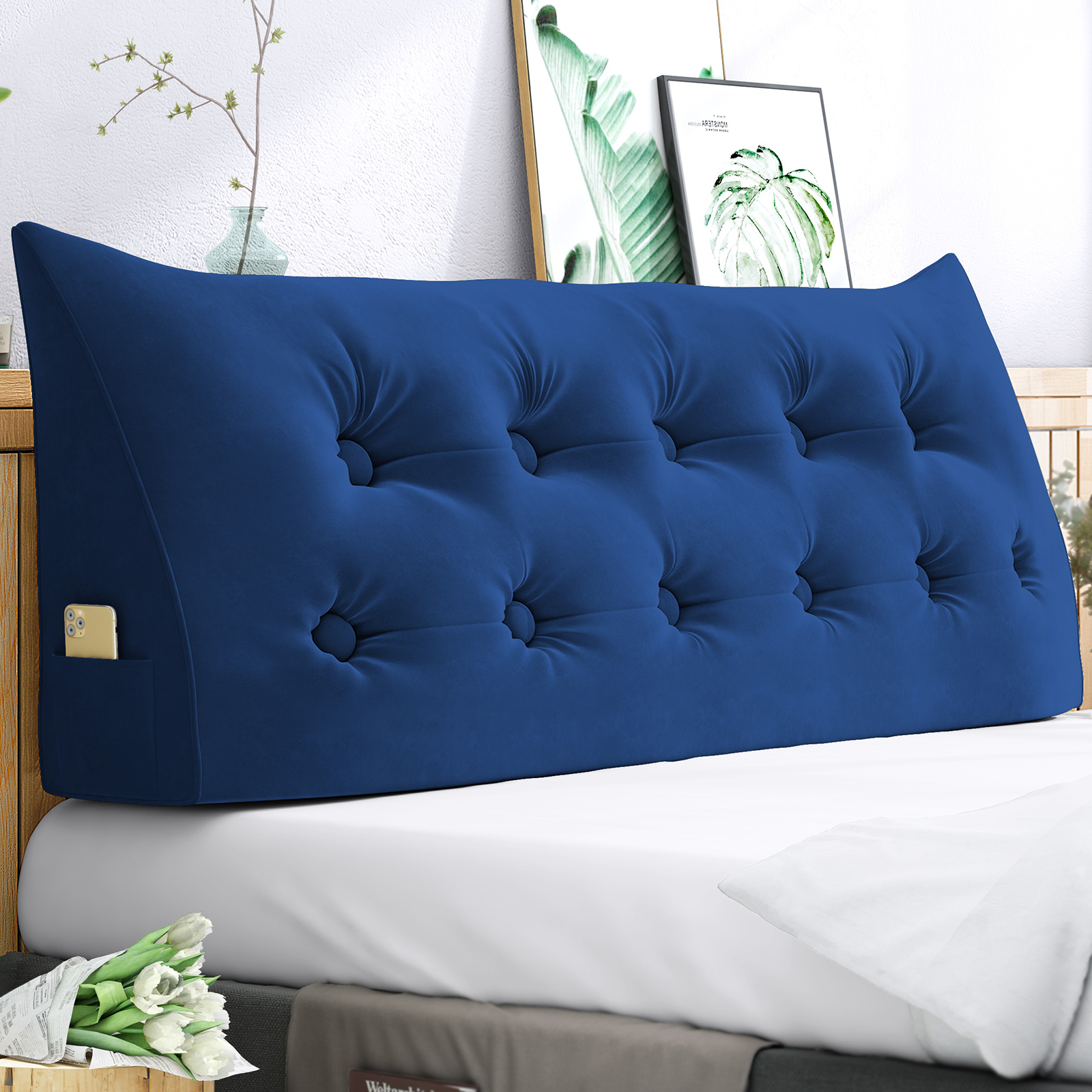 BALUS Reading Pillow Bed Wedge with Side Pockets, Velvet Bolster Pillow