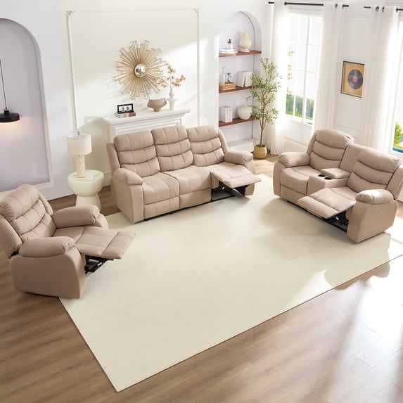 BALUS Recliner Sofa Sets with Storage & Cup Holders - Ergonomic Suede Reclining Couch, Metal Frame, Space-Saving Design, Beige