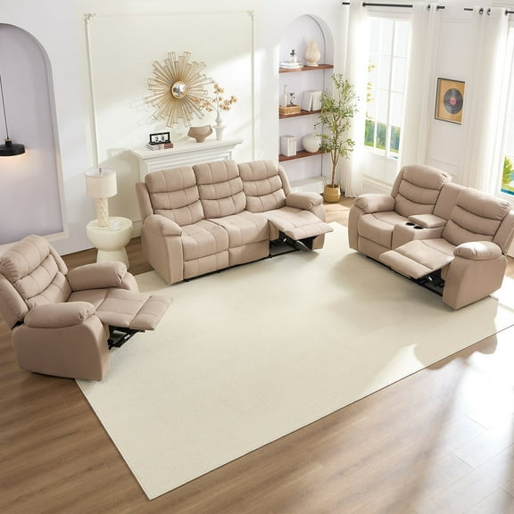 BALUS Recliner Sofa Sets with Storage & Cup Holders - Ergonomic Suede Reclining Couch, Metal Frame, Space-Saving Design, Beige