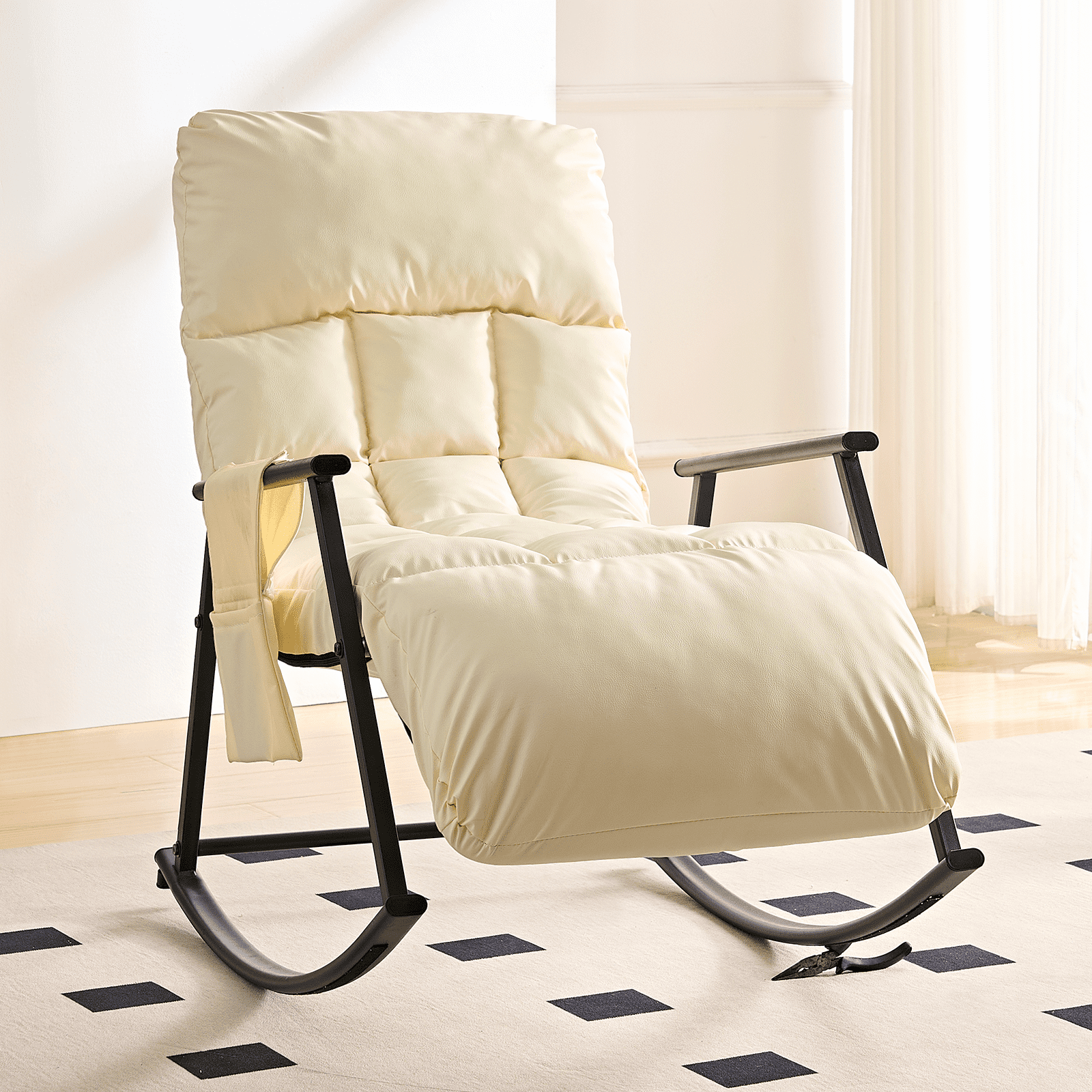 BALUS Rocking Chair, Leather Nursery Recliner with Adjustable Backrest & Footrest, Side Pockets, Modern Living Room Seating Space-Saving Design, Beige