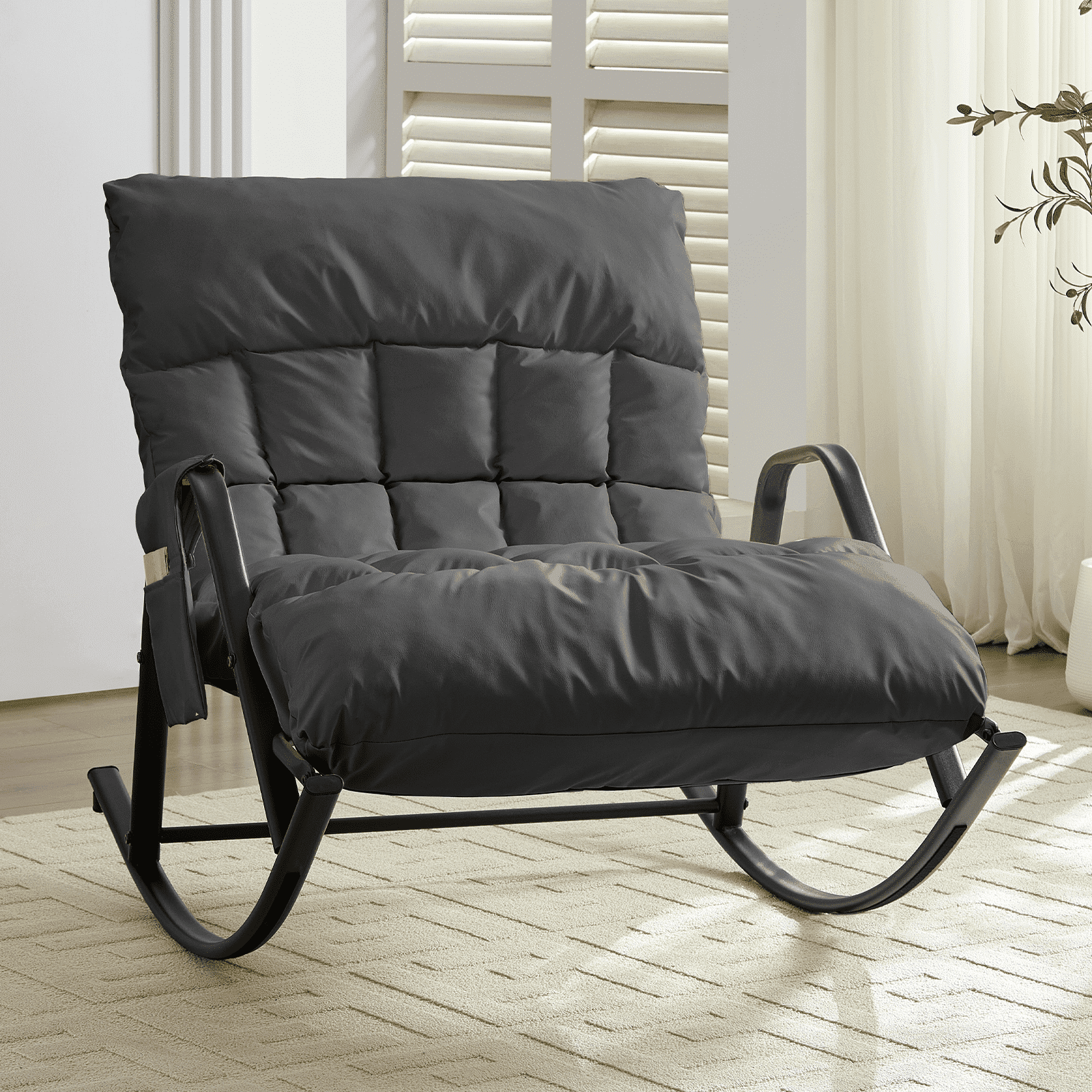 BALUS Rocking Chair, Leather Nursery Recliner with Adjustable Backrest & Footrest, Side Pockets, Modern Living Room Seating Space-Saving Design, Grey
