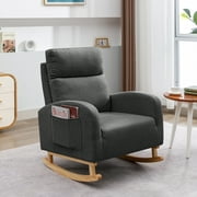 BALUS Rocking Chair, Linen Upholstered Nursery Chair with Rubber Wood Legs, Modern Glider Rocker Armchair with Side Pockets and Segmented Backrest, Dark Grey