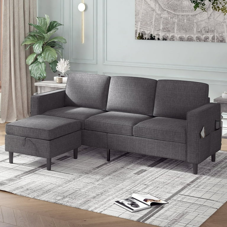 Balus Small Sectional Sofa with Storage Ottoman L Shaped Couch and Sofa for Living Room. Dark Grey Size 52D x 77.6W x 33.5H Gray