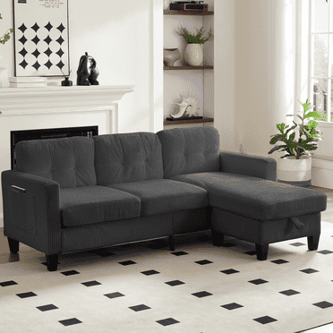 BALUS Sectional Sofa with Storage Ottomans, Small L-Shaped Sofa and Corduroy Couch for Living Room, Dark Grey