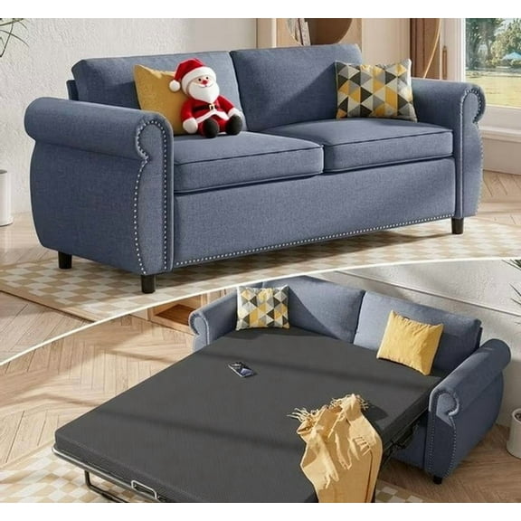 BALUS  Queen Size Pull Out Sofa Bed with 4" Foam Mattress , Queen  Sleeper Sofa for Living room , Velvet and Metal , Grey