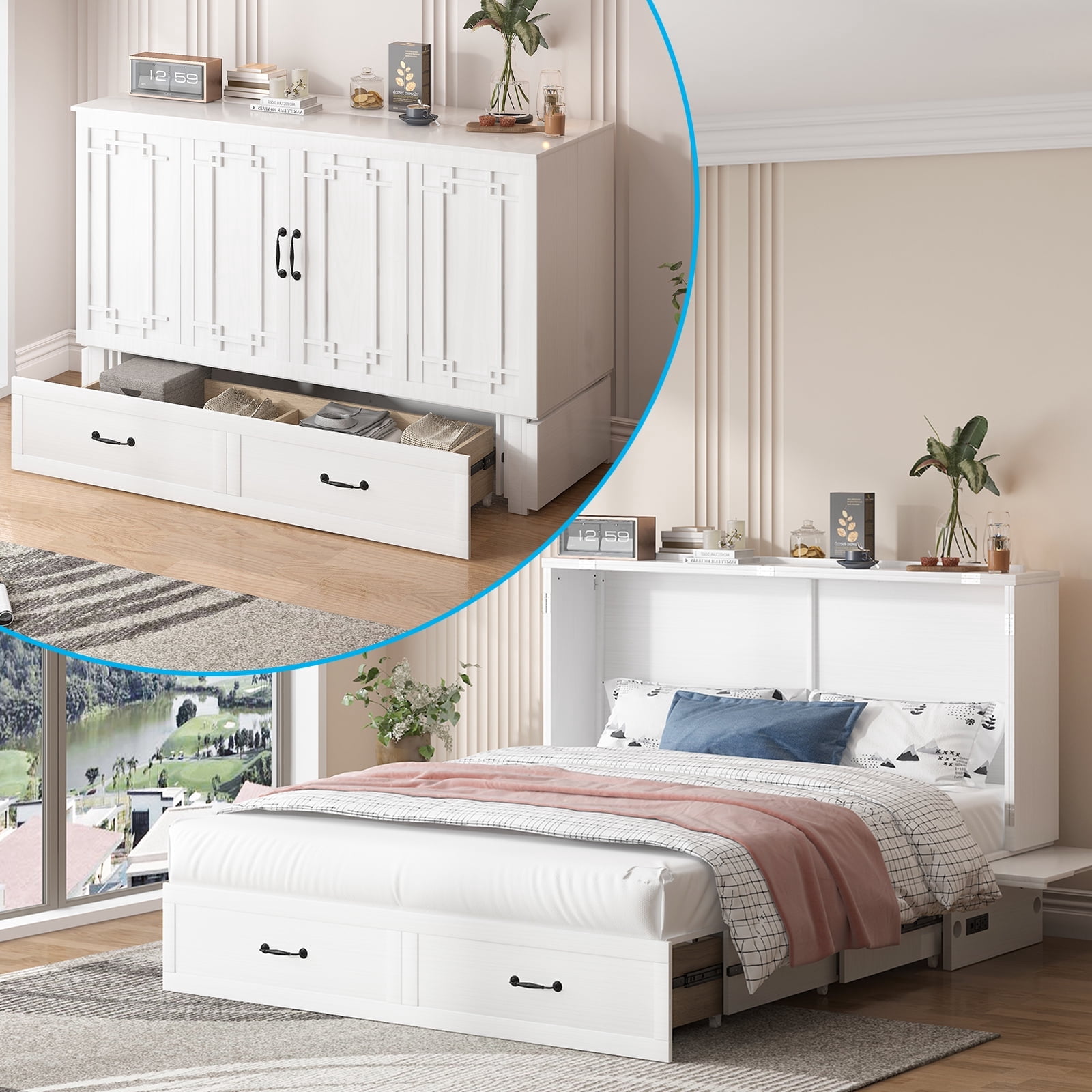 BALUS Solid Wood Queen Murphy Chest Bed with Storage & Charging Station ...