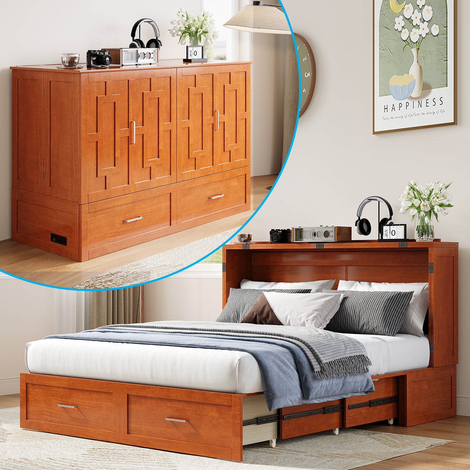 BALUS Solid Wood Queen Size Murphy Bed with Two Large Drawers and Charging Station,  Convertible Cabinet Bed, Folding Wall Bed for Apartment/Bed Room, Red