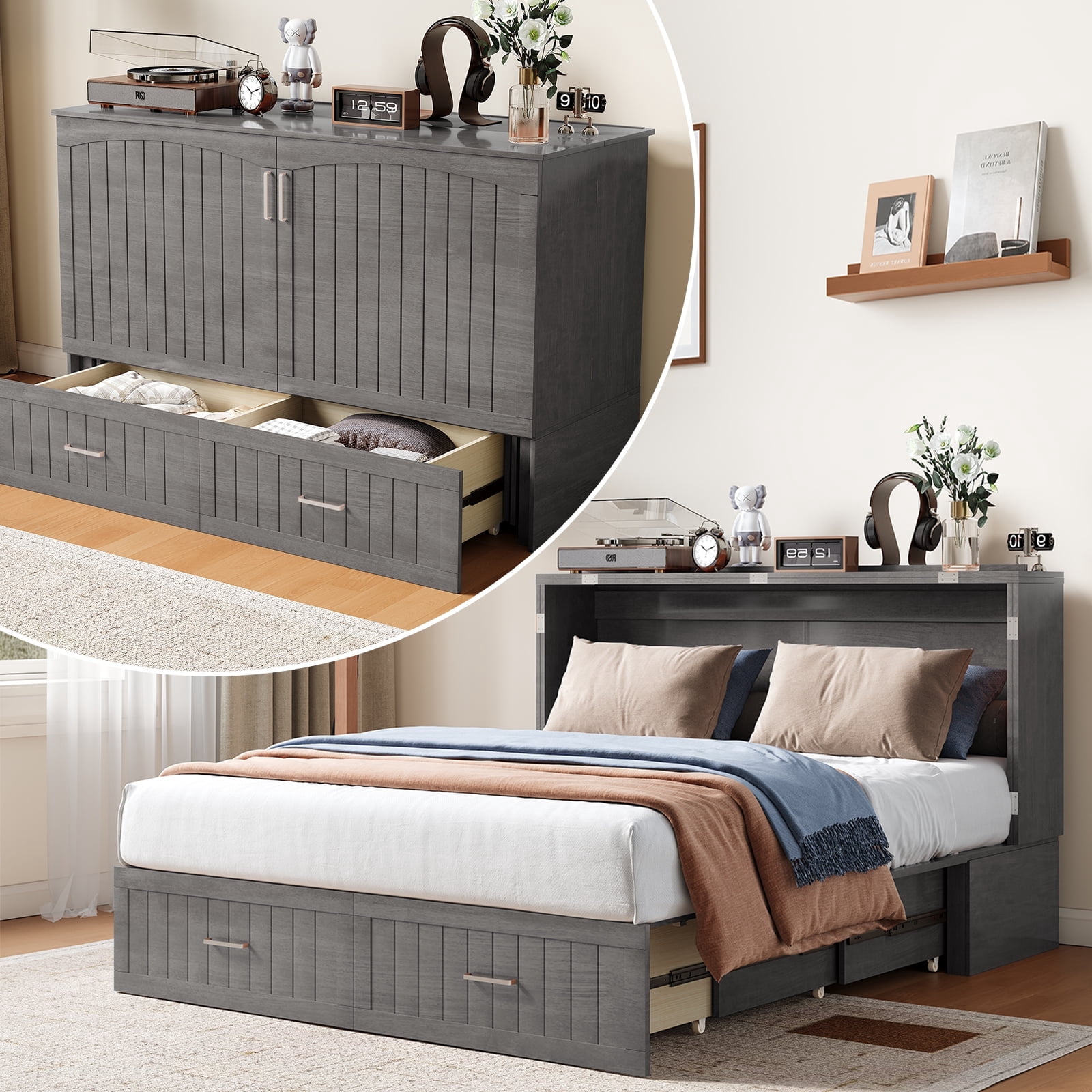 BALUS Solid Wood Queen Size Murphy Chest Bed, Convertible Wall Bed into ...