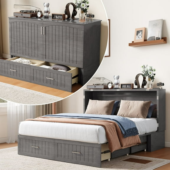 BALUS Solid Wood Queen Size Murphy Chest Bed, Convertible Wall Bed into Cabinet with Drawer and Usb Charging Station for Apartment/Bed Room, Gray