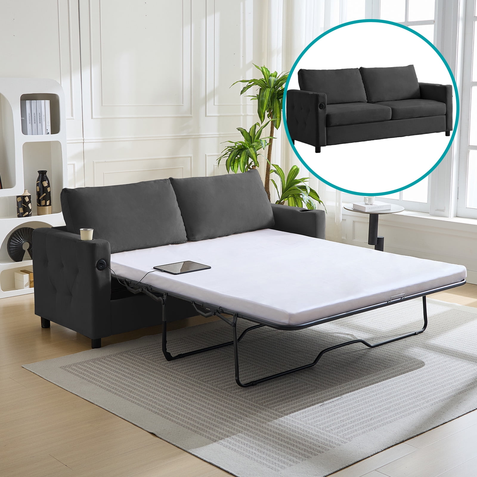 BALUS Convertible Sofa Bed, Queen Size Velvet Pull Out Couch Bed with ...