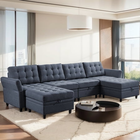 Puremind U-Shaped Sectional Sofa, 6-Seater Modular Couch with Storage Ottoman and Adjustable Armrests for Living Room, Dark Grey