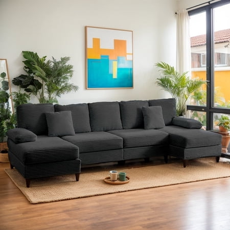 BALUS U-Shaped Sectional Sofa, Corduroy Couches and Sofas with Double Chaise for Living Room, Dark Grey