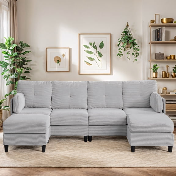 BALUS U-Shaped Sectional Sofa, Corduroy Couch with Modular Design, 6-Seater Cloud-Like Living Room Sofa & Removable Ottomans, Light Grey