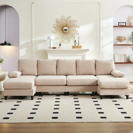 BALUS 114" U Shaped Sectional Sofa,Oversize Modular Couch and Sofa for Living Room, 4-Seat Sectioanl Sofa with Chaise, Beige
