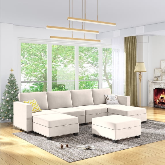 BALUS U Shaped Sectional Sofa with Storage, 7 Seater Modular Sectional Sofa with Adjustable Back and Armrests, Oversized Sleeper Sofa Couch Bed, Convertible Couches for Living Room, Beige