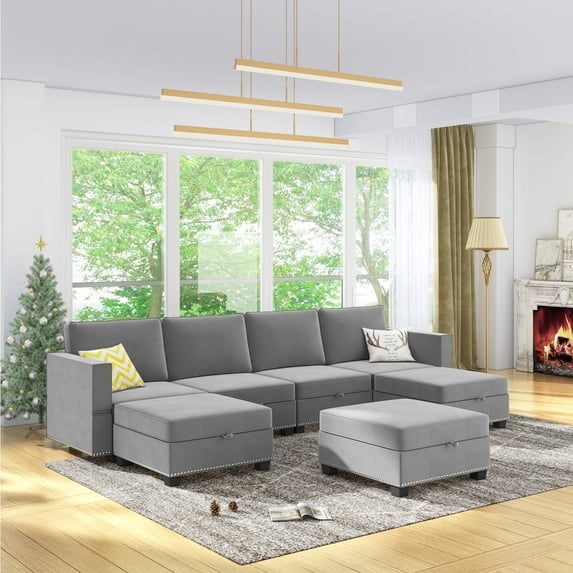 BALUS U Shaped Sectional Sofa with Storage, 7 Seater Modular Sectional Sofa with Adjustable Back and Armrests, Oversized Sleeper Sofa Couch Bed, Convertible Couches for Living Room,Light Grey
