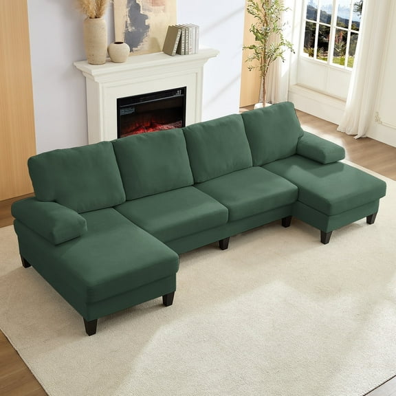 BALUS U Shaped Sectional Sofa with Chaise, 4-Seat Oversized Couch for Apartment/ Living Room, Flannelette, Green