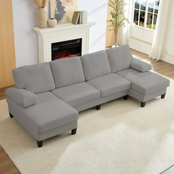 BALUS U Shaped Sectional Sofa with Chaise, 4-Seat Oversized Couch for Apartment/ Living Room, Flannelette, Light Gray