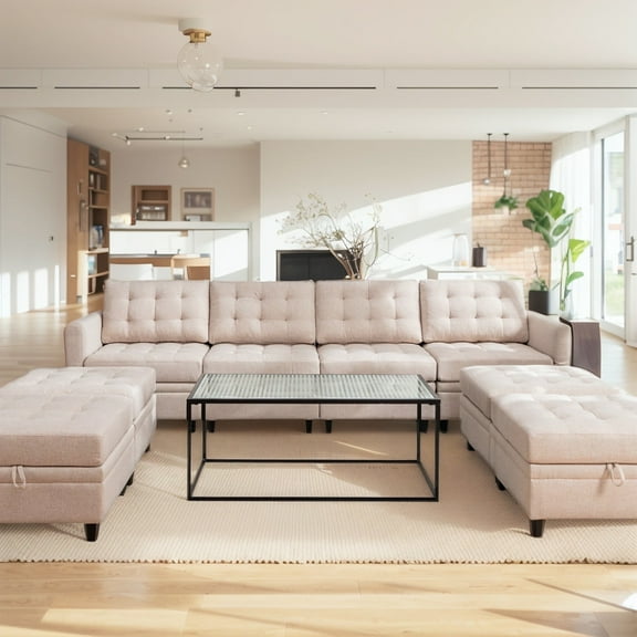 Puremind U-Shaped Sectional Sofa with Storage Ottomans, 8-Seats Convertible Sectional Sofa, Modular Sofa Sleeper for Living Room, Beige