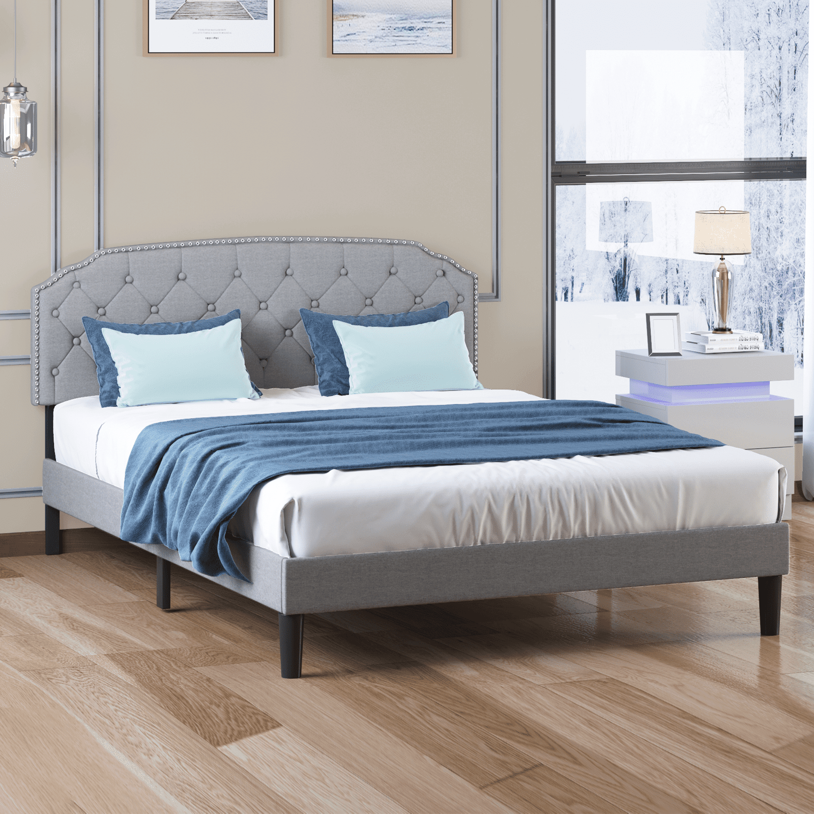 BALUS Upholstered Full Size Bed Frame, Platform Bed with Curved Rhombic ...