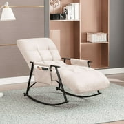 BALUS Upholstered Rocking Chair with Adjustable High Back, Safe Metal Base & Side Pocket, Beige
