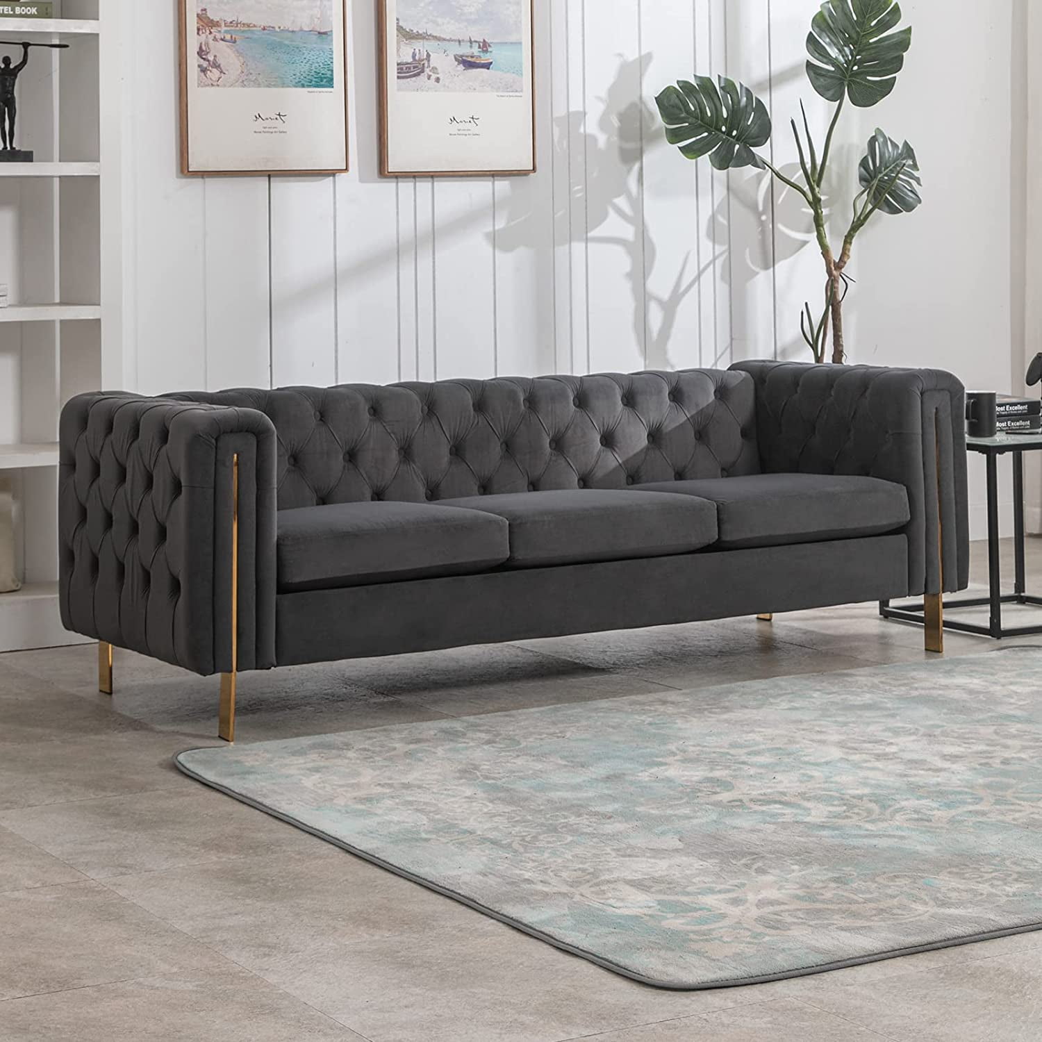 BALUS Velvet Upholstered Sofa Couch, Button Tufted Sofa with Rose Gold  Metal Sofa Legs, Couch for Living Room/Apartment/Office (Dark Grey, Sofa)