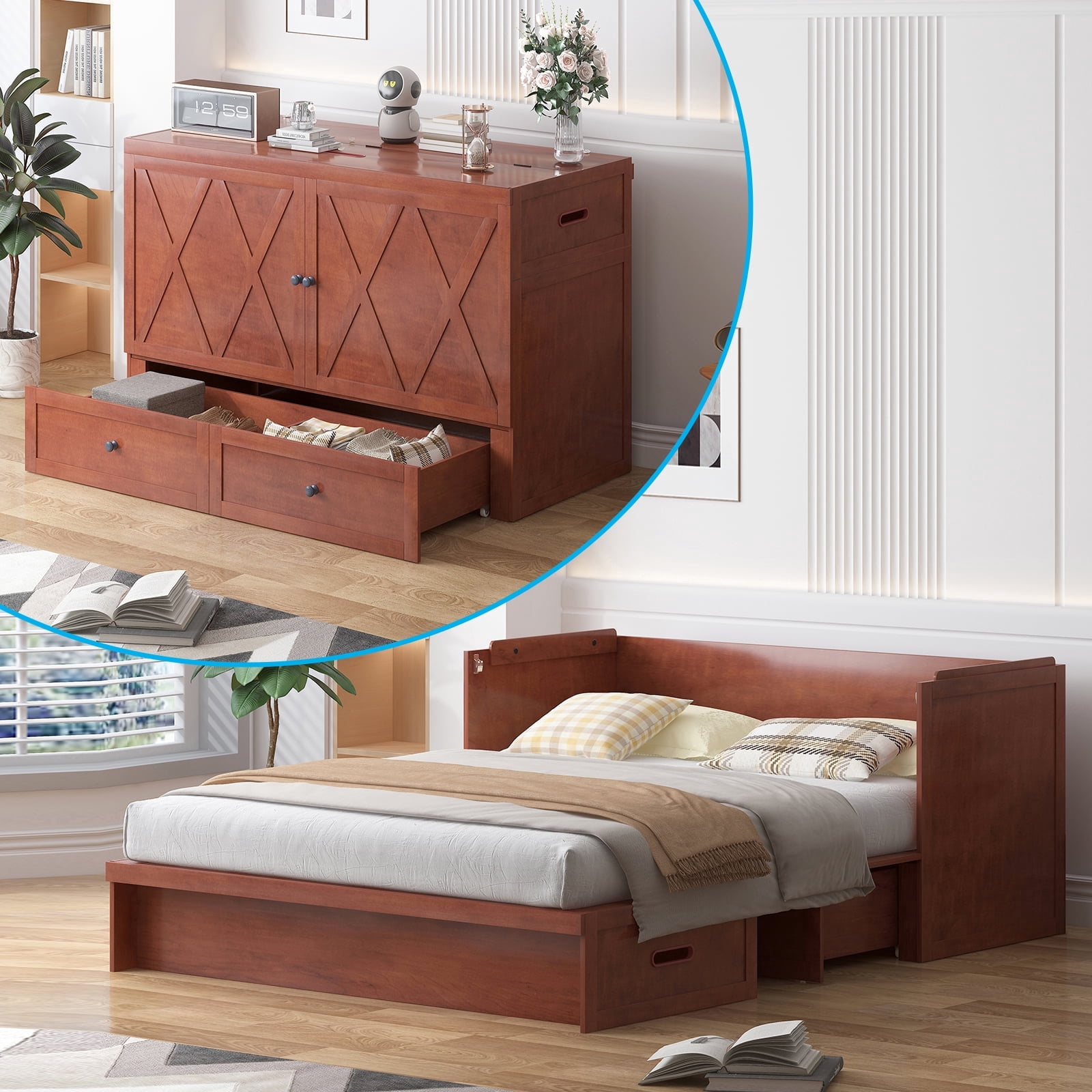 BALUS Wood Murphy Bed Queen Size with Charging Station and Mattress, Hideaway Cabinet Bed Frame with Storage, Red
