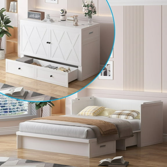 BALUS Wood Murphy Bed Queen Size with Charging Station and Mattress, Hideaway Cabinet Bed Frame with Storage, White