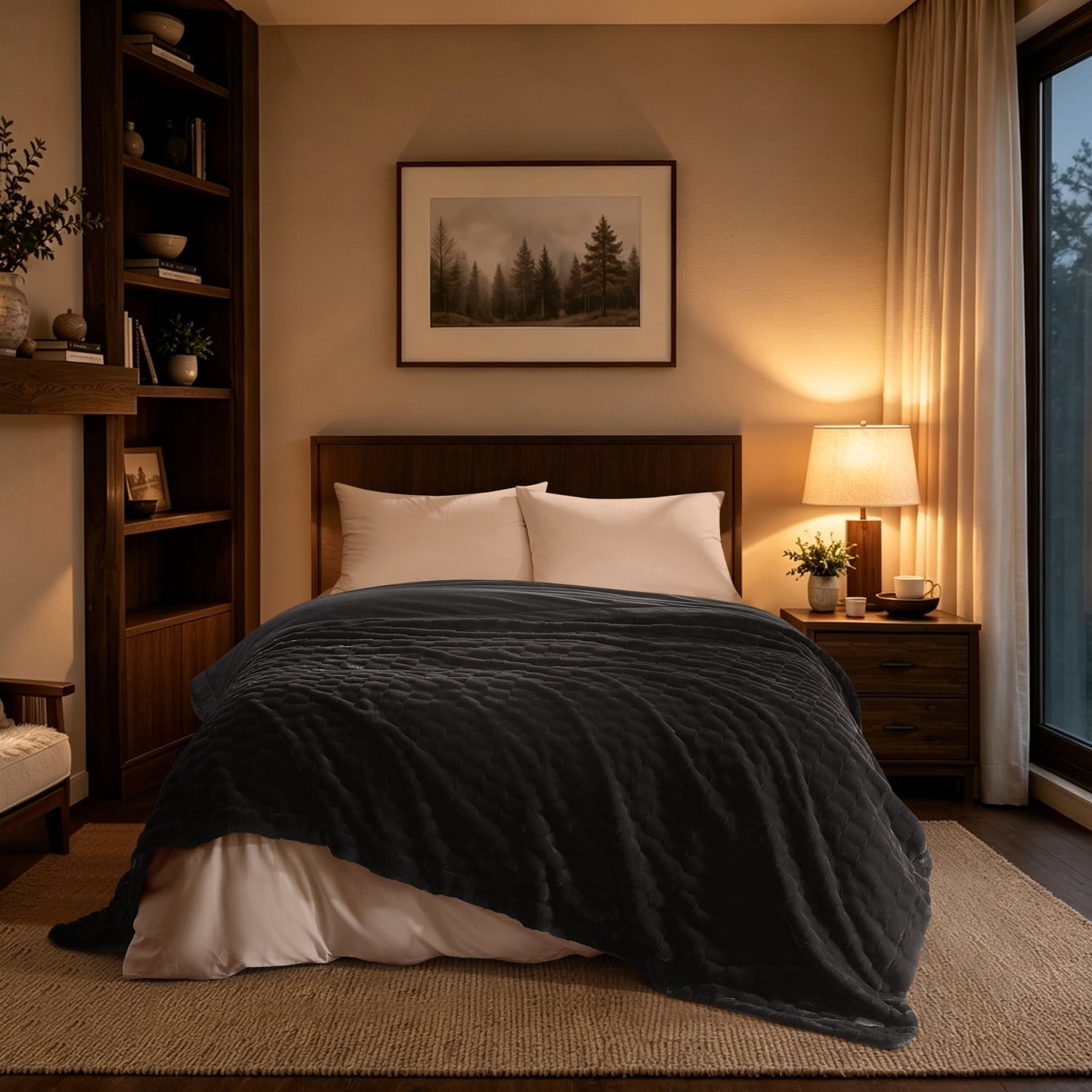 Dearfoams Textured Faux Fur Reversible Mink Bed Blanket, Black, King, 102 x 90 in