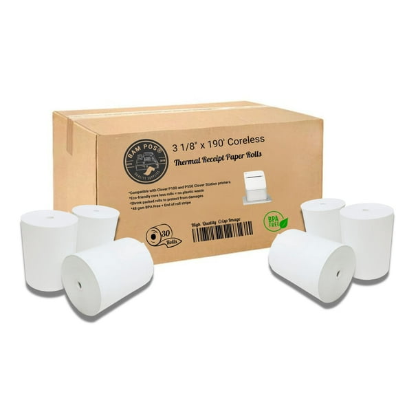 BAM POS 3 1/8 x 190 Thermal Paper Rolls - Large Receipt Roll - Compatible with Clover Stations, P100, P550, SCP700, Square Stations (30 Rolls Per Case)