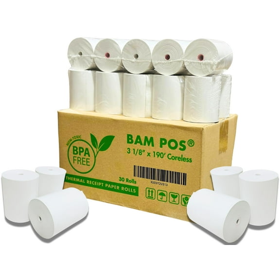 BAM POS 3 1/8 x 190 Thermal Receipt Paper Rolls For Most POS Systems and Receipt Printers, Compatible With Clover Station, Square Station, Toast Station, TM-T88, TSP Series (30 Rolls)