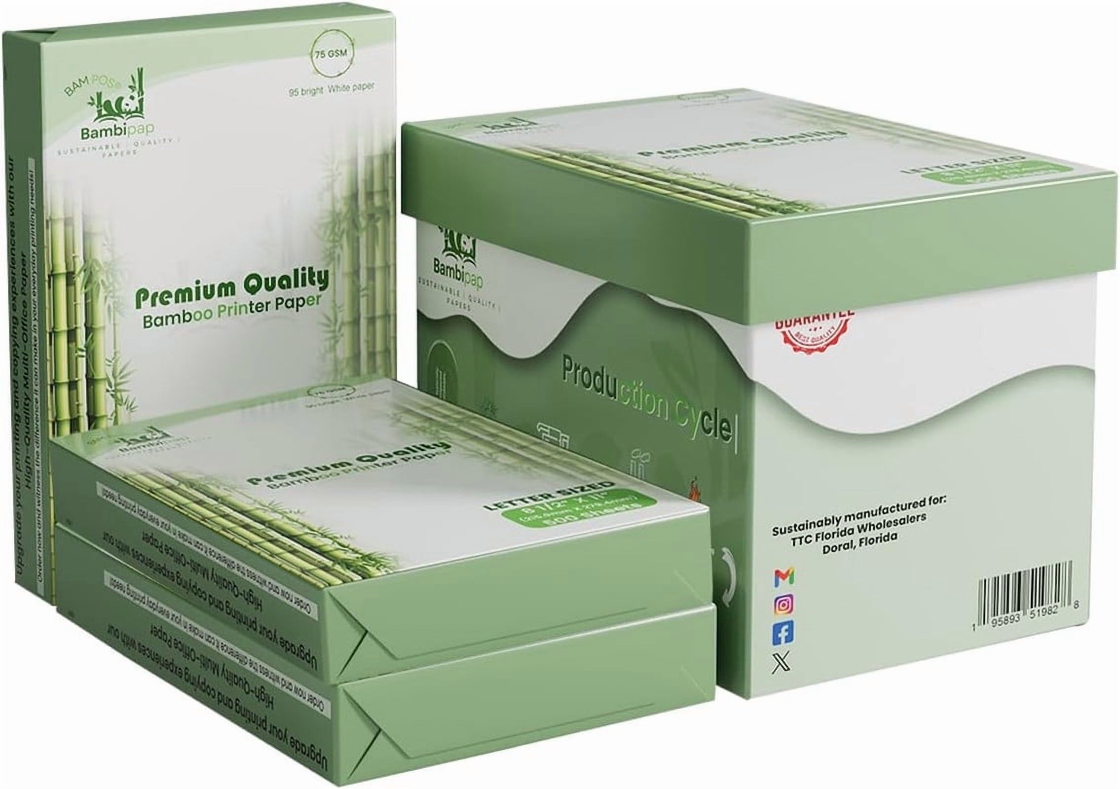 BAM POS Bamboo Printer Paper - 8 1/2” x 11”- 20LB Multipurpose White Paper - Made from Bamboo Fiber - 3 reams (1500 Sheets)