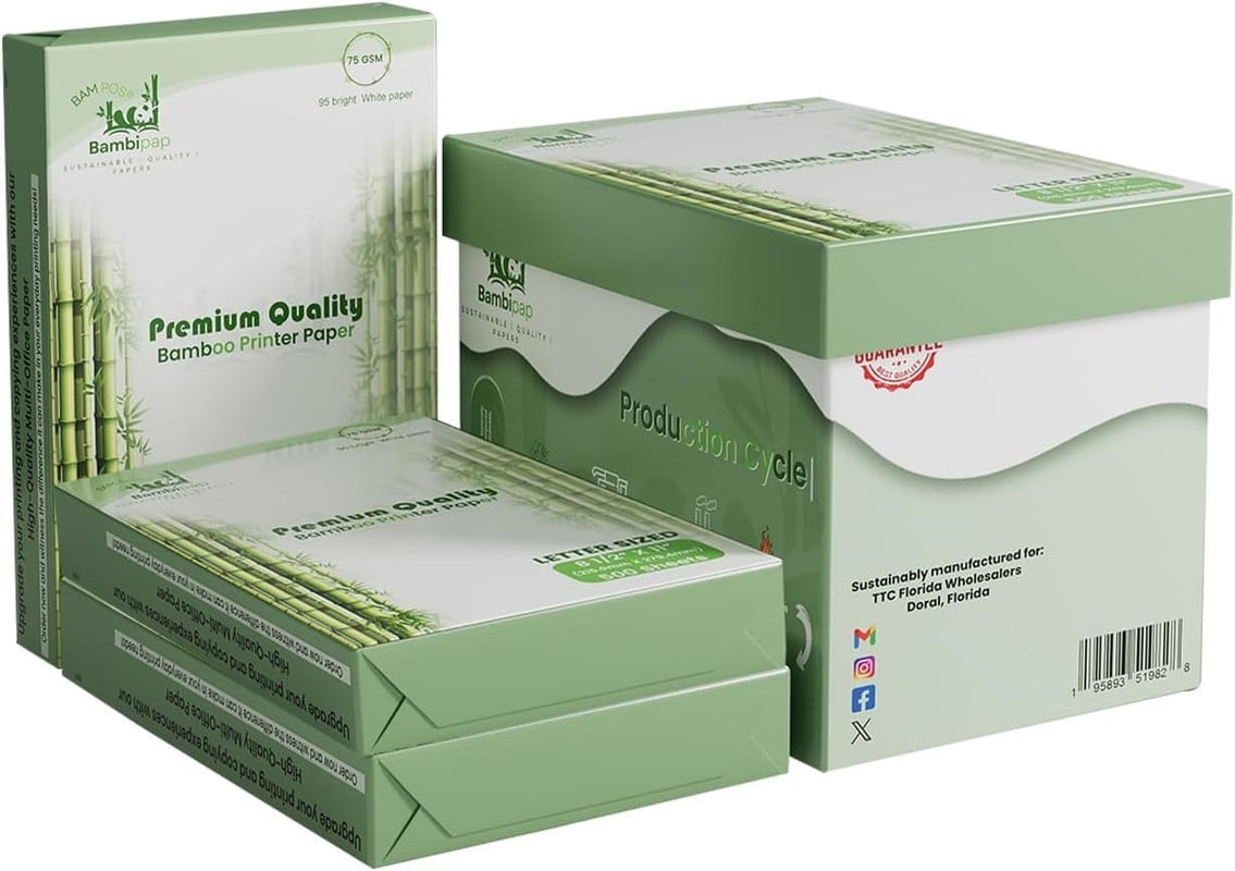 BAM POS Bamboo Printer Paper - 8 1/2 x 11- 20LB Multipurpose White Paper - Made from Bamboo Fiber - 3 reams (1500 Sheets)