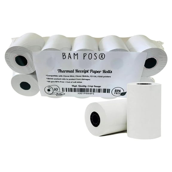 BAM POS Thermal Receipt Paper - BPA Free, Shrink Wrapped Rolls - Compatible With Clover Mini, Mobile, First Data FD130, FD50, FD55, Verifone Omni 3200, 3210, 3300 - Pack of 10 Rolls