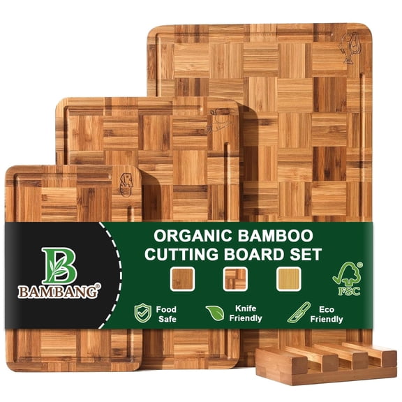 BAMBANG Bamboo Cutting Board for Kitchen with Juice Groove, End-Grain Butcher Block Chopping Boards, Checkered Wooden Cutting Boards Set of 3 with Stand, Knife-Friendly, Serving Tray