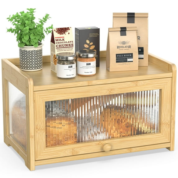 BAMBANG Bamboo Bread Box for Kitchen Counter, Wooden Bread Storage Container with 4 Sides Transparency, Breadbox Bread Bin Holder for Homemade Bread, Natural