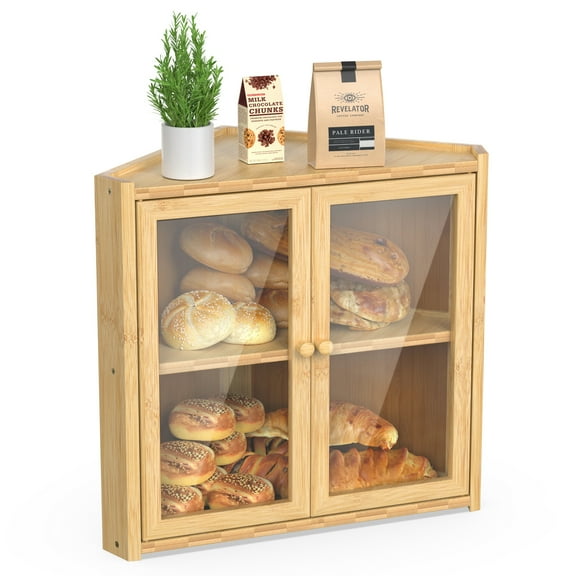 BAMBANG Corner Bread Box for Kitchen Countertop, Double Layer Bamboo Bread Storage Container with 2 Doors, Farmhouse Large Bread Bin Counter Top, Wooden Breadbox Holder for Homemade Bread, Natural